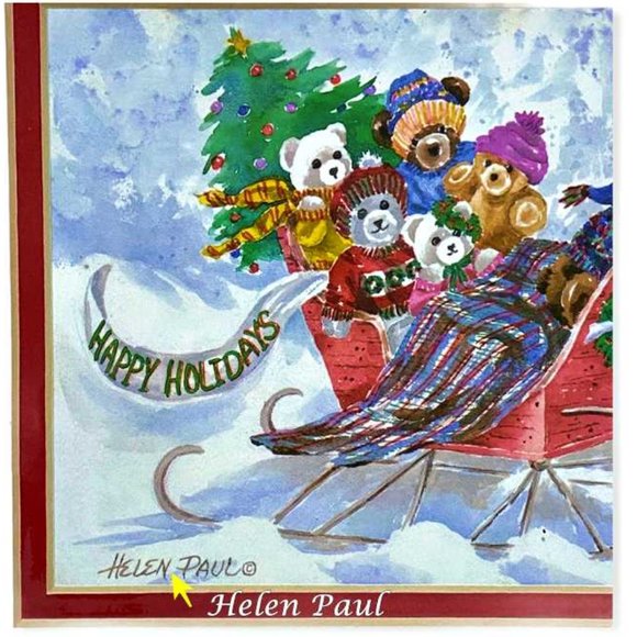 Pair Helen Paul Winter Christmas 11.5" x 9.5" Gold Framed Art Prints Teddy Bears - Picture 10 of 12
